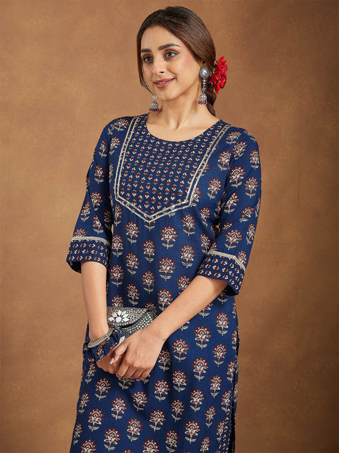 Janasya Women's Dark Blue Pure Cotton Floral Printed Straight Kurta Pant Set